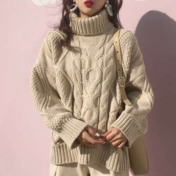 無地ニット長袖韓国系一般ギャザー飾り一般秋冬ハイネックプルオーバーコーヒーアプリコットセーター・カットソー