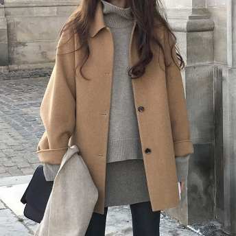 無地ラシャ長袖ファッションカジュアル韓国系一般なしショート丈秋冬折り襟シングルブレストキャメルブラックコート