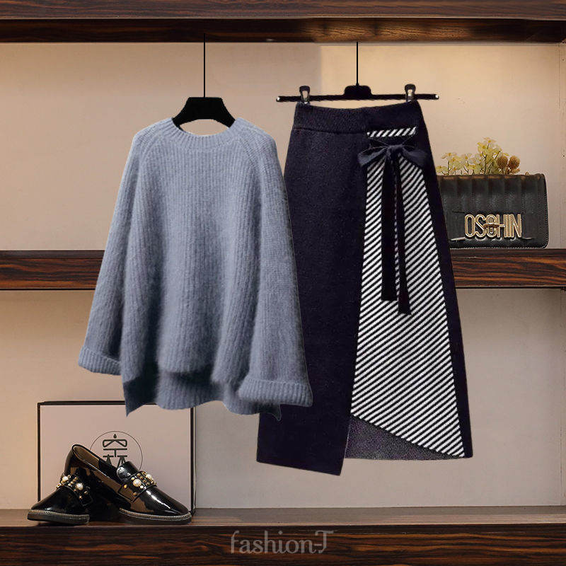 グレー/ニット.セーター+ブラック/スカート