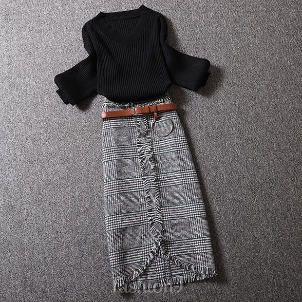 ブラックセーター+/グリーン/スカート/2点セット