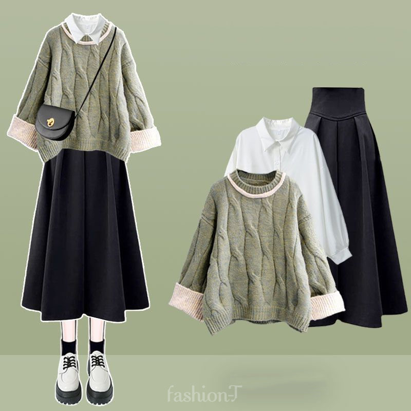 グリーン/セーター+ホワイト/シャツ+スカート【三点セット】