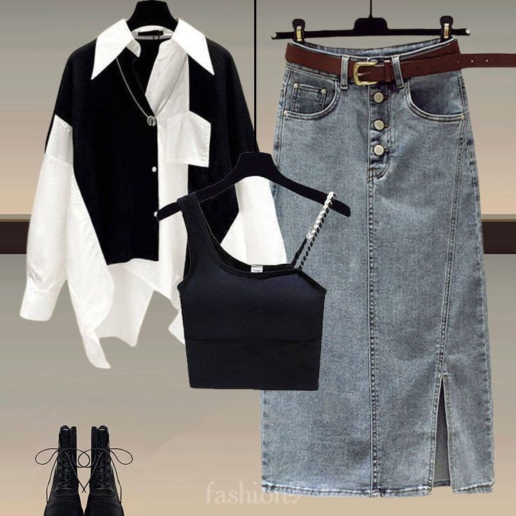 ブラックキャミソール+シャツ1+スカート/3点セット